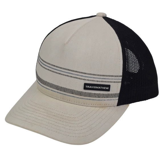 Travis Mathew Other - Travis Mathew Golf Hat Trucker Cap Flexfit 110 Snapback Striped Mesh Cream Black